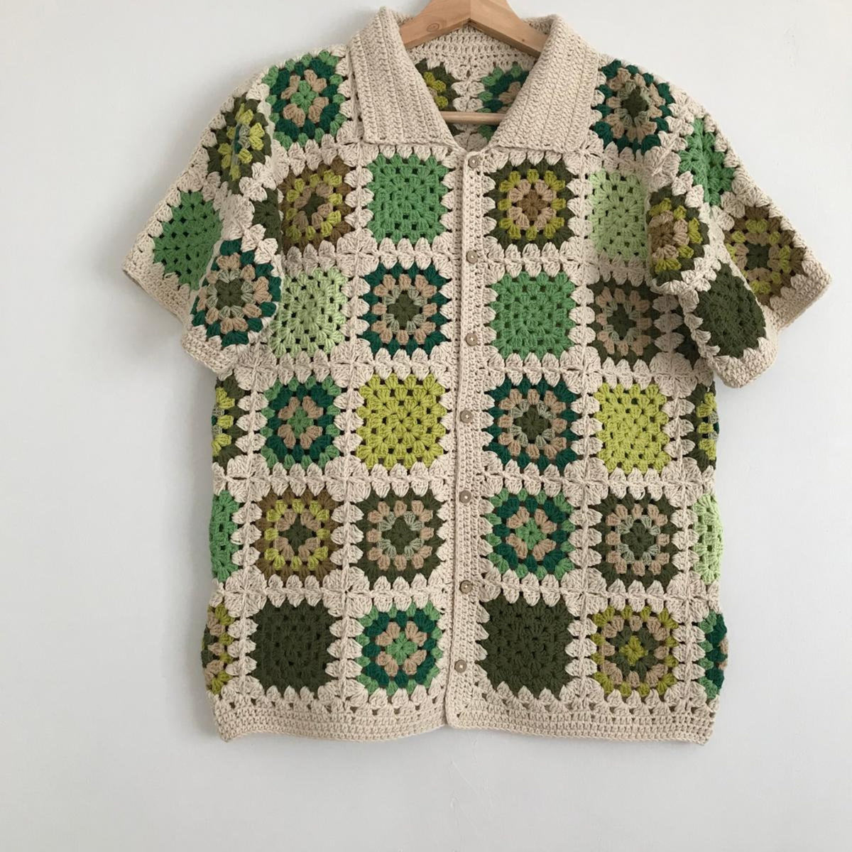 Granny Square Crochet Shirt: Green Beige Cotton Unisex Top