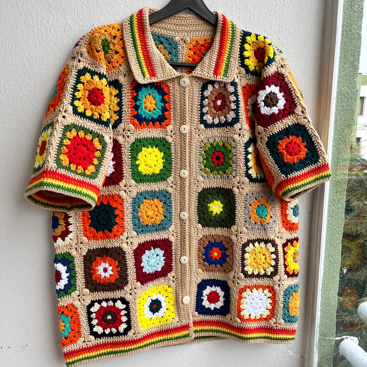 MerlaDesigns Unisex Multicolor Shirt, Summer Shirt, Crochet Square Shirt, Colorful Square Crochet Shirt, Crochet Shirt For Men,Rainbow Shirt