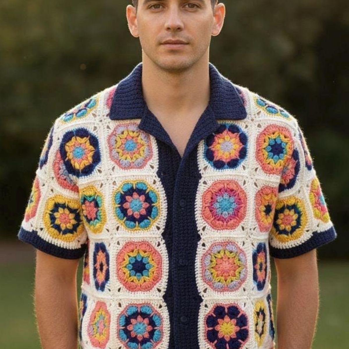 MerlaDesigns Unisex Summer Shirt, Motif Shirt, Crochet Granny Square Shirt,Colorful Square Crochet Shirt, Crochet Shirt For Men, Men’s Shirt