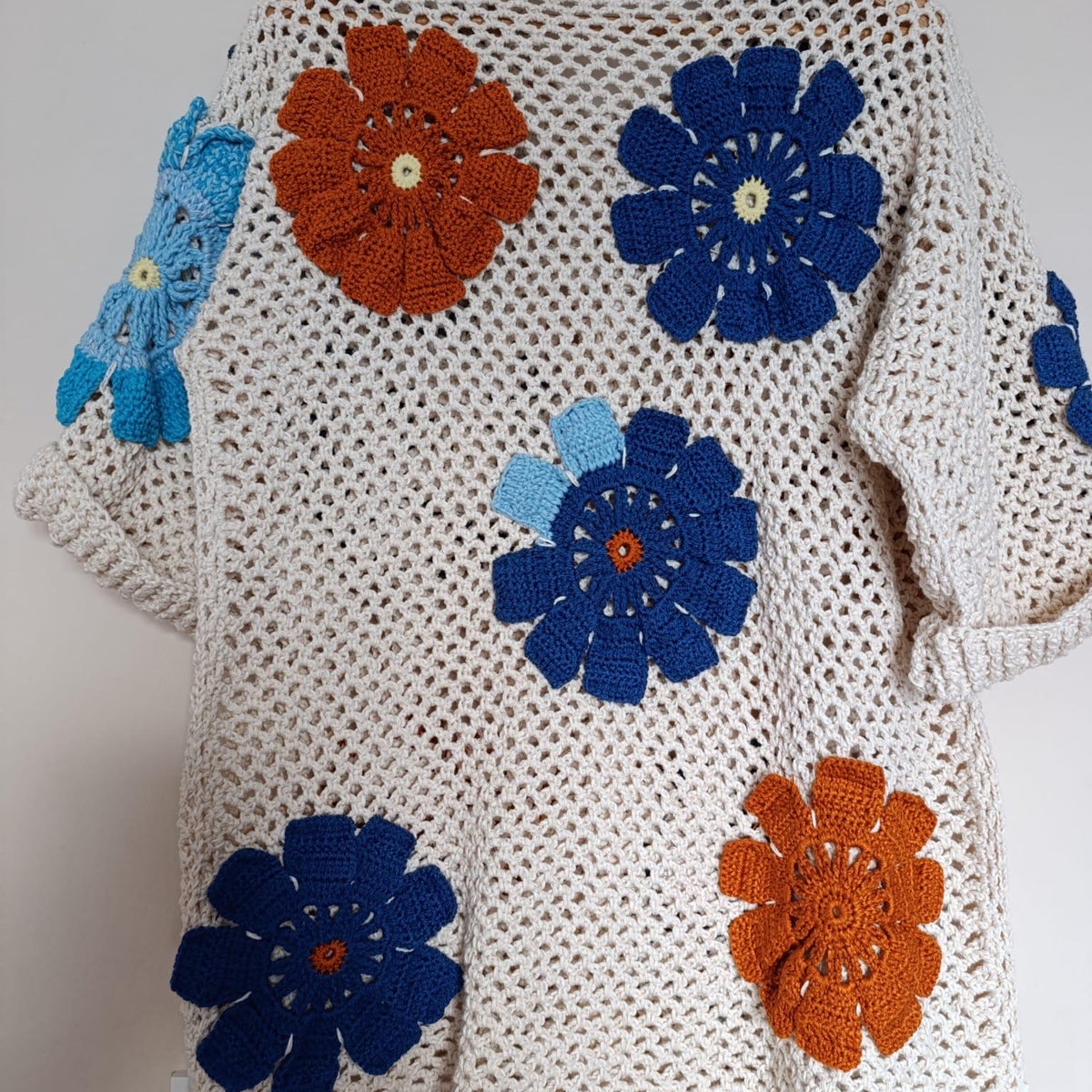 Handmade Crochet Floral Shirt, Boho Knit Patchwork