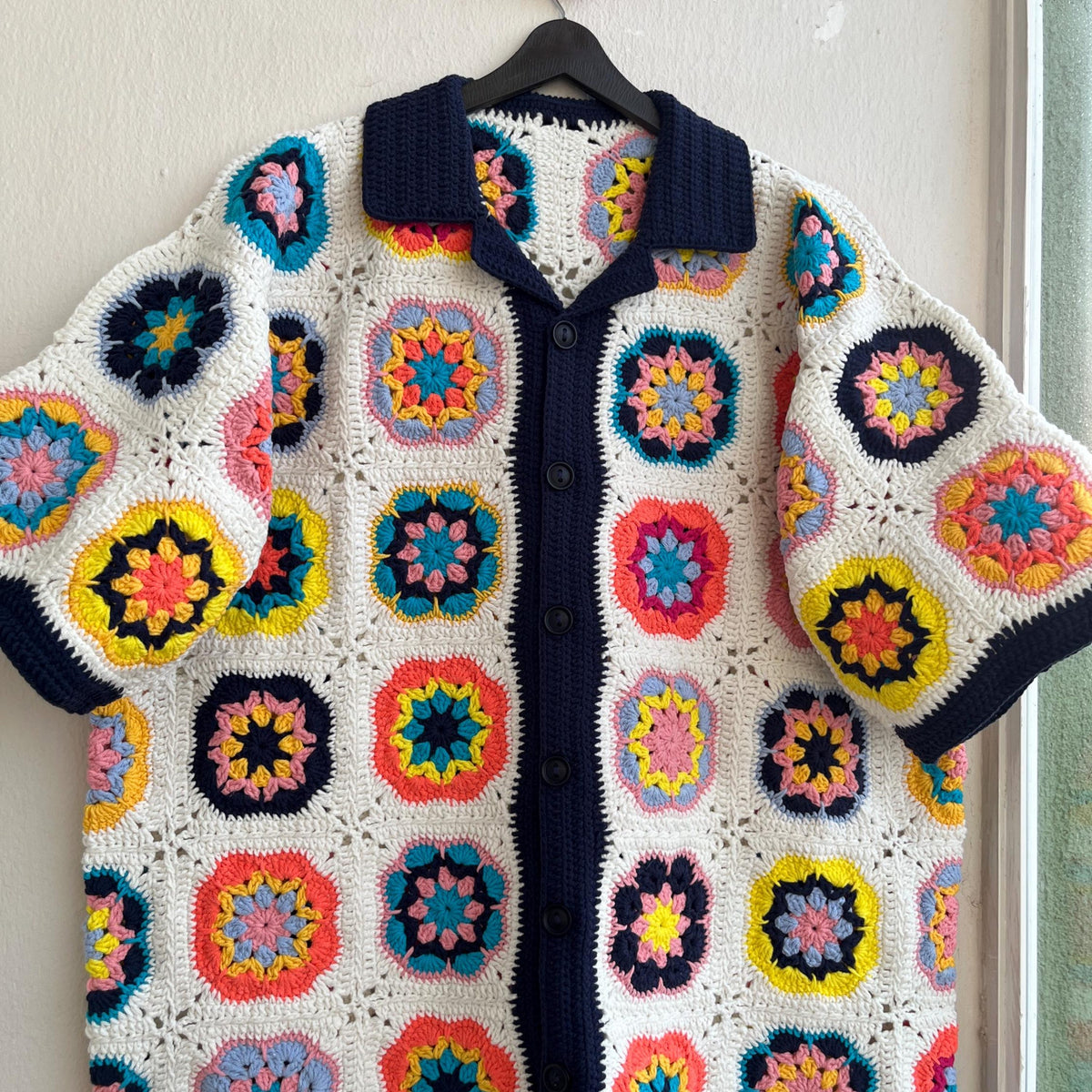 MerlaDesigns Unisex Summer Shirt, Motif Shirt, Crochet Granny Square Shirt,Colorful Square Crochet Shirt, Crochet Shirt For Men, Men’s Shirt