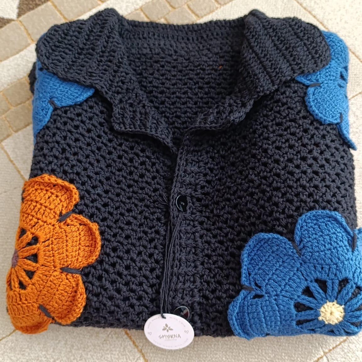 Handmade Crochet Floral Shirt, Boho Knit Patchwork