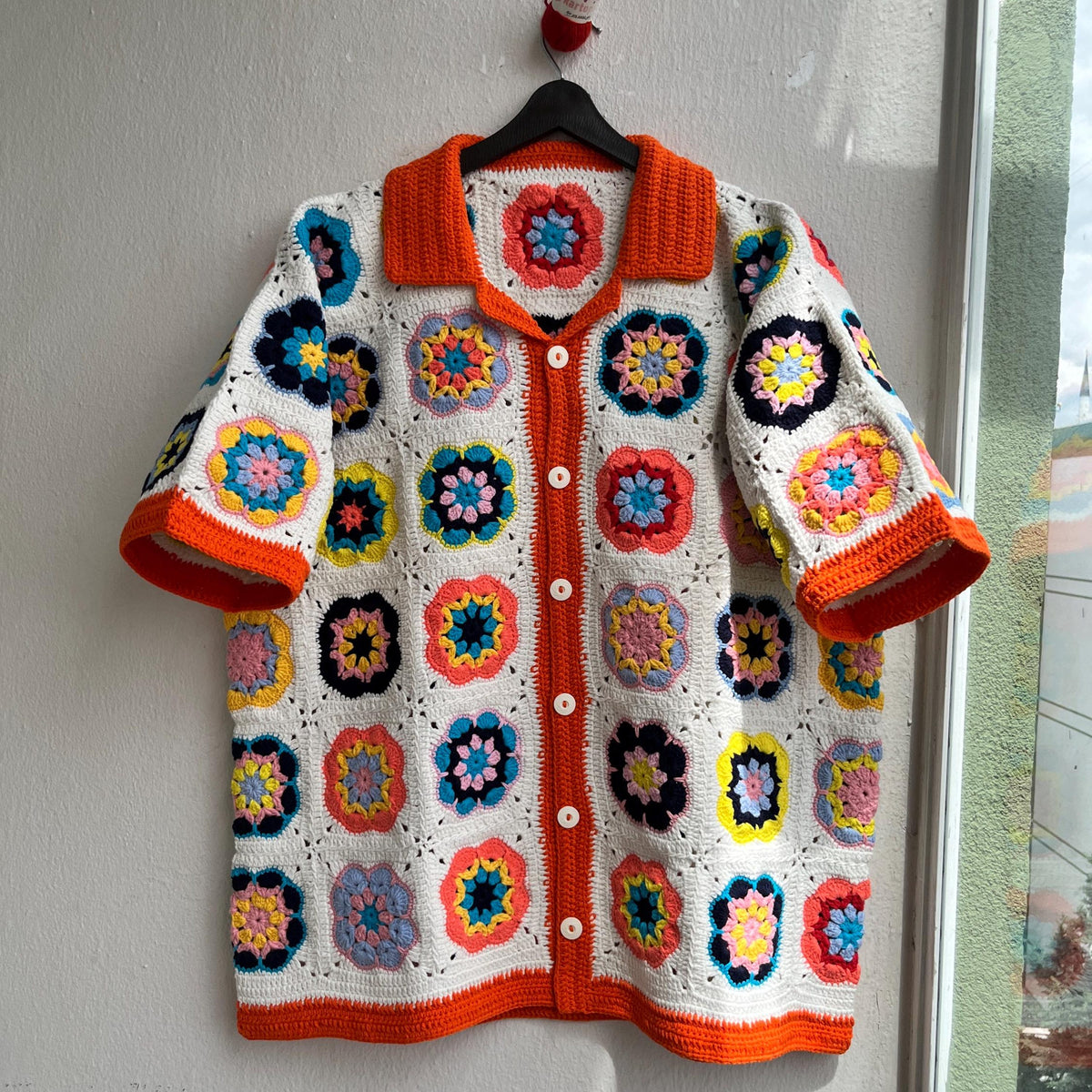 MerlaDesigns Unisex Summer Shirt, Motif Shirt, Crochet Granny Square Shirt,Colorful Square Crochet Shirt, Crochet Shirt For Men, Men’s Shirt