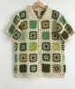 Granny Square Crochet Shirt: Green Beige Cotton Unisex Top